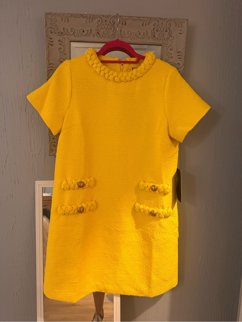 Tuckernuck Jackie Bright Yellow Textured Mini Shift Dress with Braided Trim